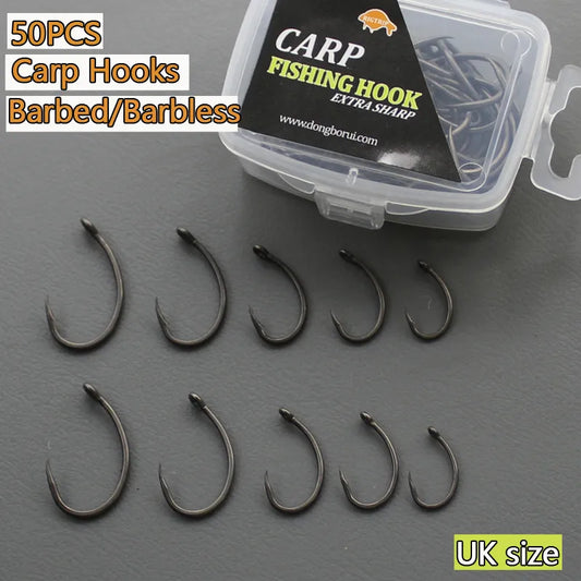 50PCS PTFE Coated High Carbon Steel Carp Fishing Hooks - Barbed and Barbless Options